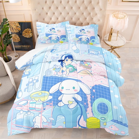 NEW 3-Piece Cinnamoroll Anime Bedding Sets for All Season Comfy Blue Comforter Sets Twin Size