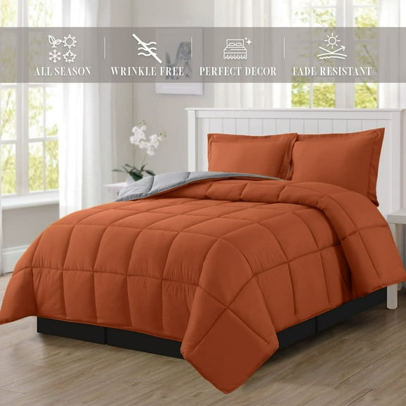 NEW 3-Piece Comforter Set - Reversible, Box Stitched Down Alternative, Full/Queen, All Season Suitable, Coral/Gray