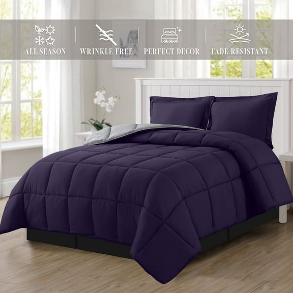 NEW 3-Piece Comforter Set - Reversible, Box Stitched Down Alternative, Full/Queen, All Season Suitable, Purple/Gray