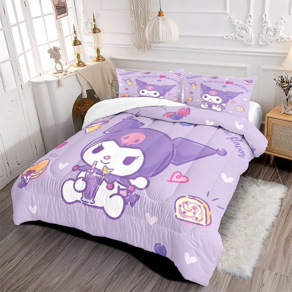 NEW 3-Piece Purple Comforter Set with Pillowcases Kuromi Bedding Sets, Queen