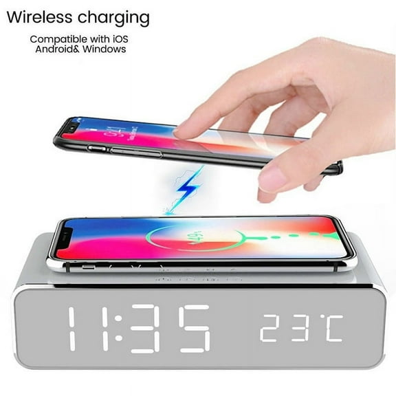NEW 3 in 1 Wireless Charger & LED Digital Alarm Clock & Thermometer Modern Wooden Design Qi Wireless Charging Pad Desk Clock