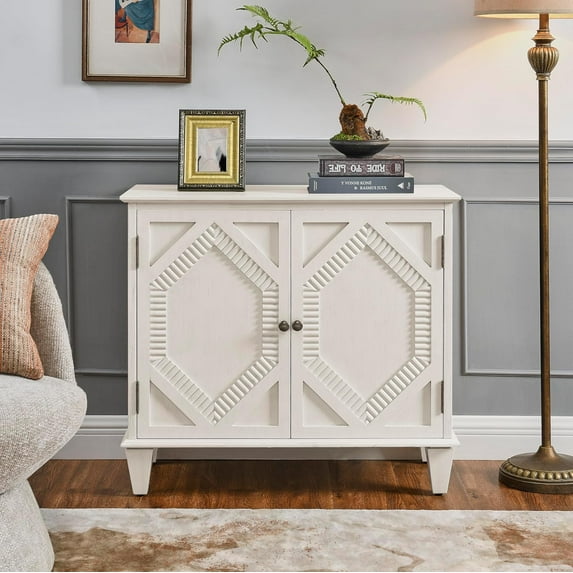 NEW 33.6" Retro Wooden Sideboard Buffet Cabinet with Storage, Symmetrical Geometric Accent Display Cabinets, Media Console Credenza for Living Room/Entryway/Dining Room/Kitchen, Antique White