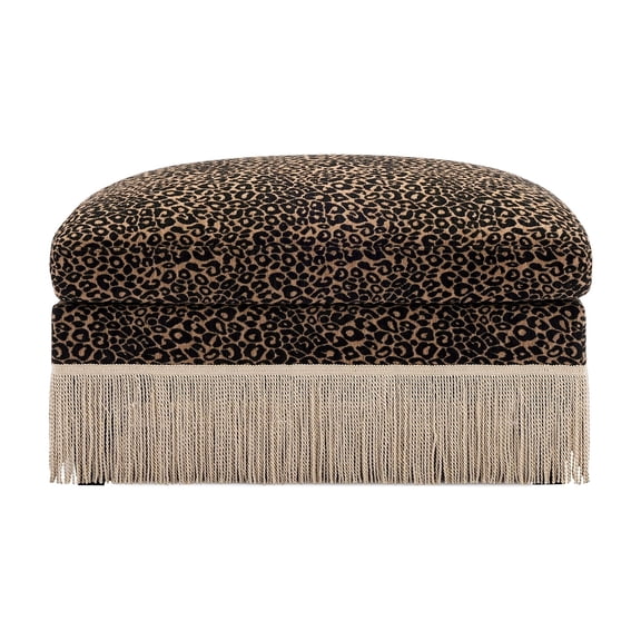 NEW 34.6" Leopard Print Chenille Ottoman, Delicate Tassel Edge, Modular Stool with High-Density Foam, Easy Assembly, for Living Room, Black Brown