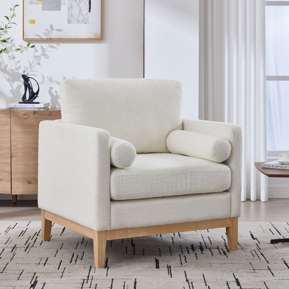 NEW 35.4 "Wide Modern Farmhouse Performance Accent Chair with Natural Wood Legs, Wood Base Reading Armchair Single Sofa with Two Bolster Pillows for Living Room offices and Lounge, Ivory Boucle.
