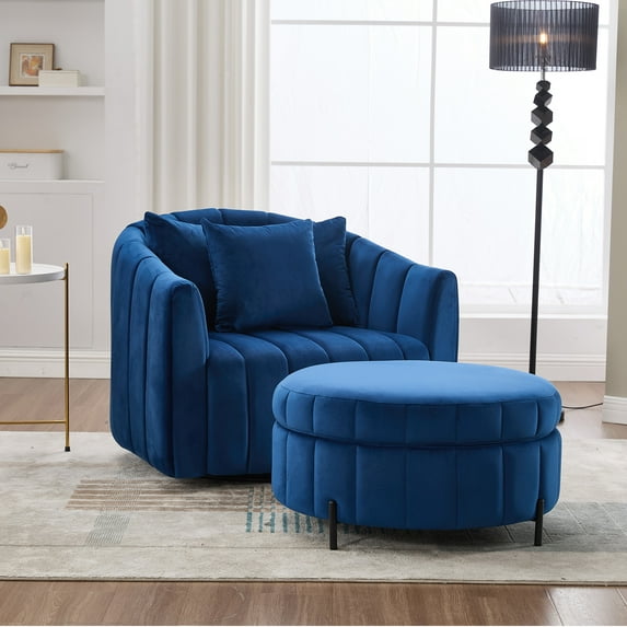 NEW 40.35"W Oversized Accent Barrel Chair and Half 360° Swivel Sofa with Ottoman, Velvet Channel Tufted Pumpkin-Shape Club Armchair & 3 Pillows with Storage Stool for Living Room
