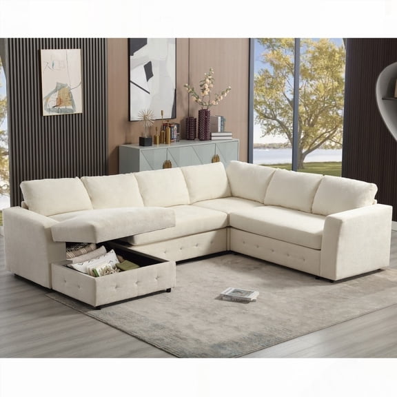 [NEW ARRIVAL] [VIDEO INCLUDED] 110.75" Sectional Sofa - Huge Storage Under Chaise, Modern U Shape - Chenille Fabric, Crystal Buttoned - Beige, 6 Person