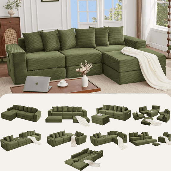 [NEW ARRIVED] 10-in-1 Convertible Sofa Sectional ,Corner Couch , Convertible Floor Sleeper Sofa,Corduroy,Side Pocket,No Assembly,DIY,L Shaped Modular Sofa,6 Pillows,Green