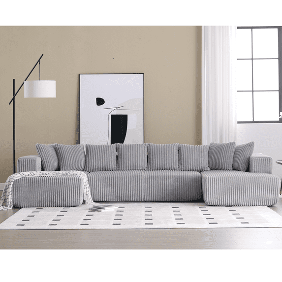 NEW ARRIVED! 133.45'' U-Shaped Modular Sectional Sofa Couch, Striped Corduroy Upholstered 4-Seater for Living Room, Gray, Versatile Free Combination, Spacious & Cozy