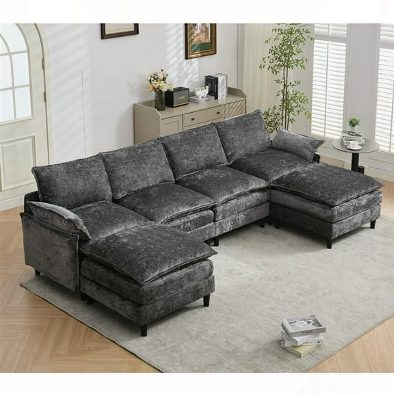 [NEW ARRIVED]U Shaped Cloud Couch! 6-Seater Modular Sofa. 2 Armrest Pillows. Convertible. Dark Gray. Premium Chenille Fabric. Comfortable & Wearable.