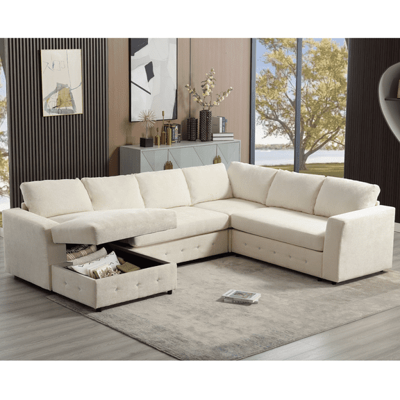 [NEW ARRIVED] [VIDEO PROVIDED]110.75" Sectional Sofa,modular sofa,Chaise Storage, Modern U Shaped Couch , Upholstered Sofas,Chenille,Crystal button , Living Room, Apartment, Beige