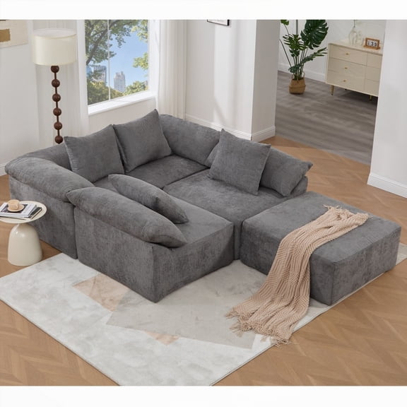 Modern L Shaped Chenille Sofa 142" with Convertible Features