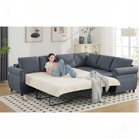 [NEW ARRIVED] [VIDEO PROVIDED] Gray Sleeper Sofa! 2 in 1 Pull Out Couch Bed. 6-seater, L Shaped. High-Quality Polyester, Comfortable Foam.