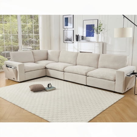 [Modern Beige L-shaped Sectional Couch with Wireless Charging & Cup Holders for Living Room]