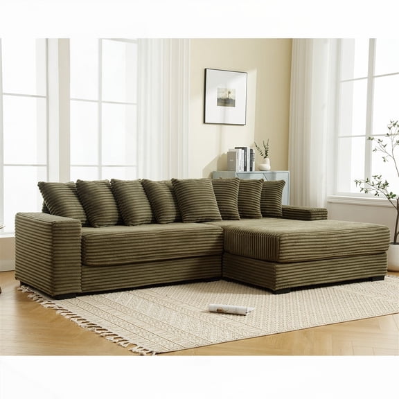Modern L Shaped Corduroy Sofa with Armrests, 111x60x36", Green