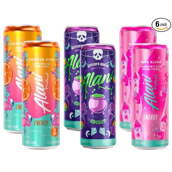 NEW Alani Energy Drink Variety Pack, 12 oz 6-pack Variety (2 pack PINK SLUSH, 2 Pack WITCH'S BREW, 2 pack ORANGE KISS)