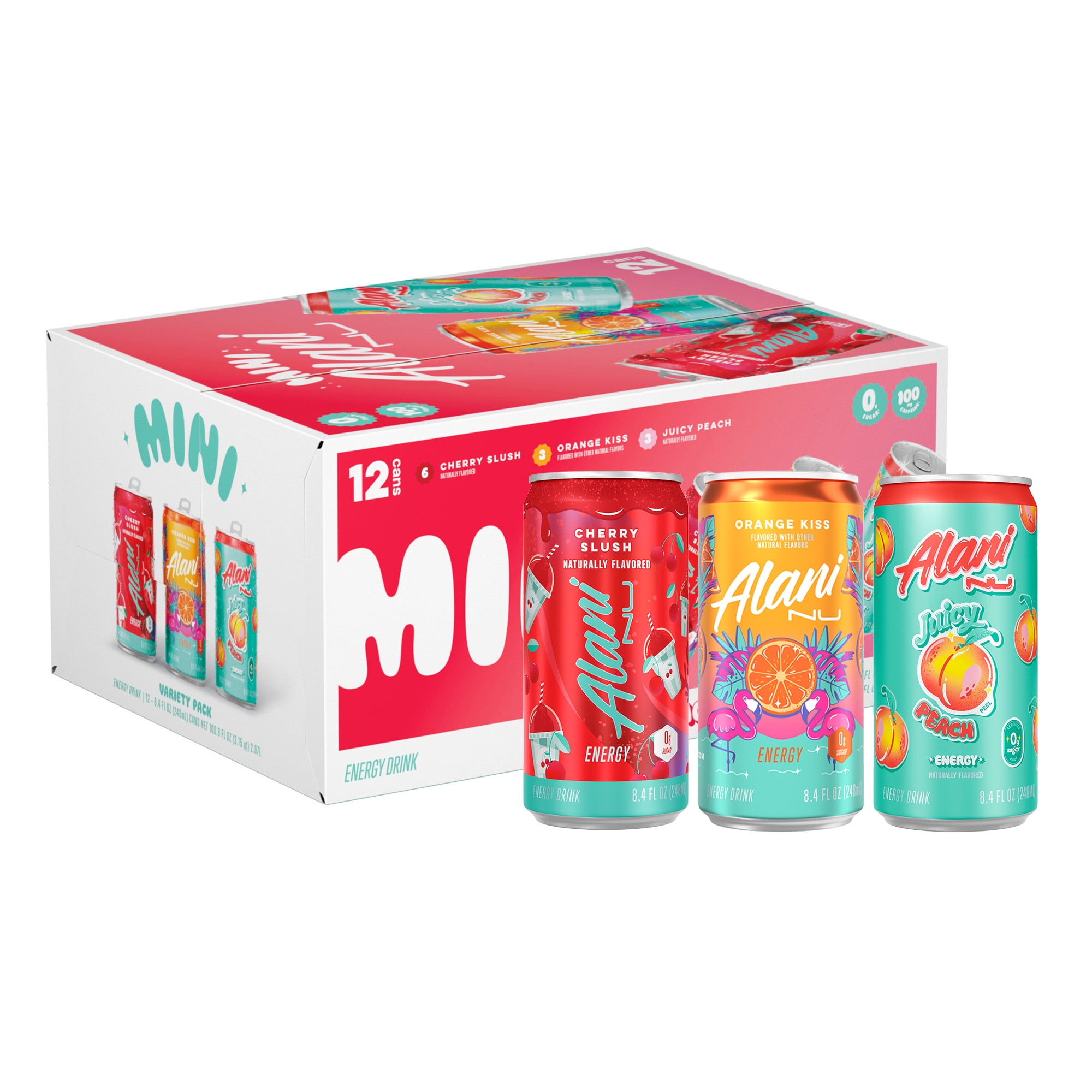 Alani Nu Sugar Free Energy Drink Mini, Variety Pack, Cherry Slush, Juicy Peach, Orange Kiss, 8.4 fl oz, 12 Pack, Cans, 100mg Caffeine