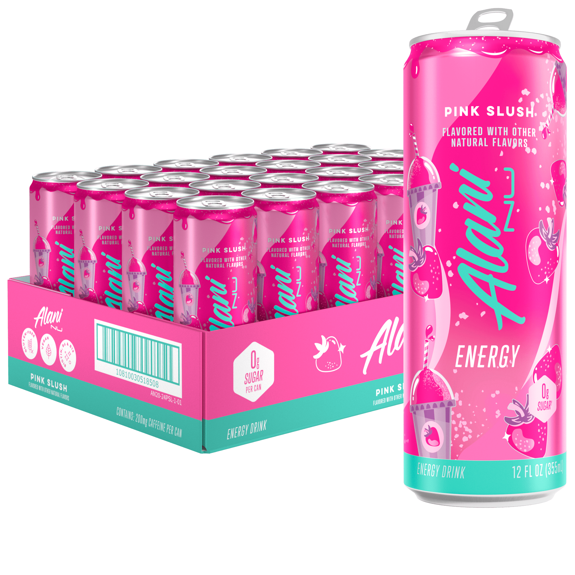 Alani Nu Sugar Free Energy Drink, Pink Slush, 12 fl oz, 24 Pack, Cans, 200mg Caffeine