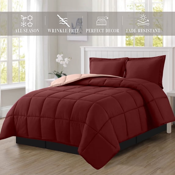 NEW All-Season Comforter Set - Reversible 3-Piece Bedding with Super Soft Down Alternative Fill - Full/Queen Size, Perfect for Year-Round Use, Burgundy/Dusty