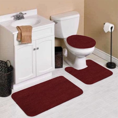 NEW BEAUTIFUL BATHROOM SET BANDED BATH MAT LID COVER 4 STYLES