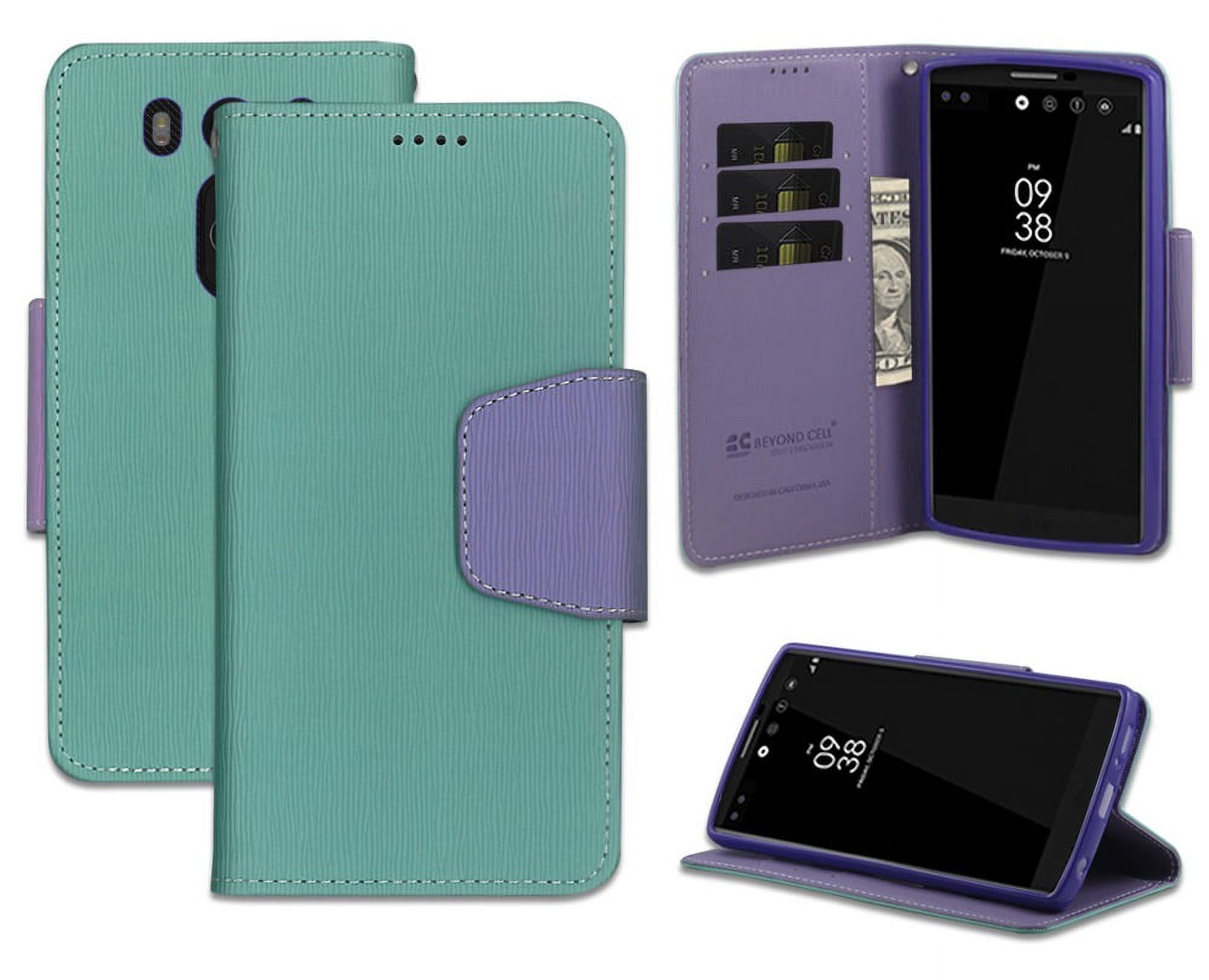 NEW BEYOND CELL MINT/PURPLE INFOLIO WALLET ID CREDIT CARD CASH CASE COVER STAND FOR LG V10 PHONE (H961N, H900, H901, VS990, F600, H961) (Verizon AT&T T-Mobile Unlocked) - image 1 of 5
