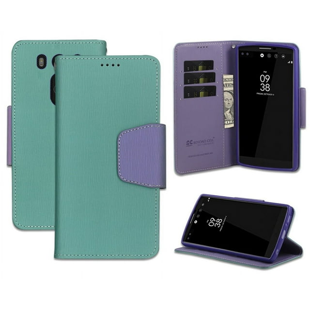 NEW BEYOND CELL MINT/PURPLE INFOLIO WALLET ID CREDIT CARD CASH CASE COVER STAND FOR LG V10 PHONE (H961N, H900, H901, VS990, F600, H961) (Verizon AT&T T-Mobile Unlocked)