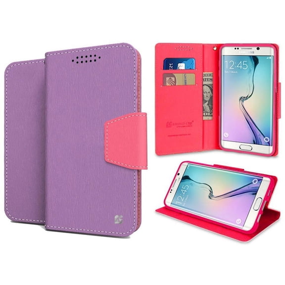 NEW BEYOND CELL PURPLE/PINK INFOLIO WALLET ID CREDIT CARD CASH CASE COVER STAND FOR SAMSUNG GALAXY S6 EDGE PLUS + PHONE (SM-G928)