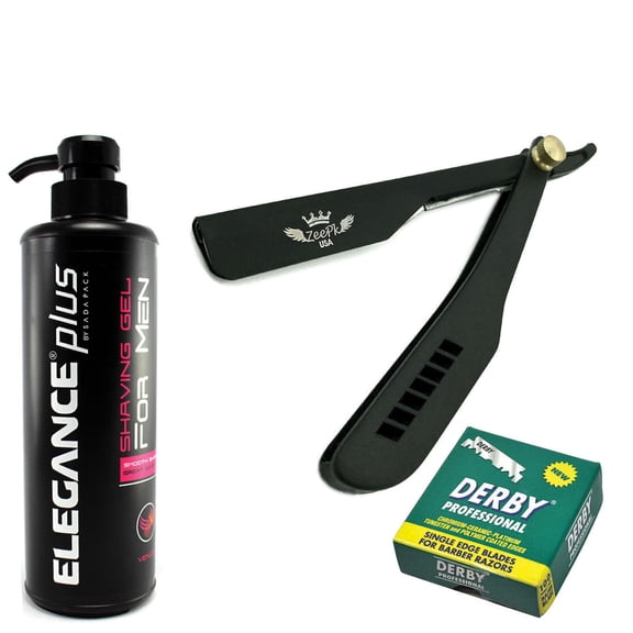 NEW Barber Salon Cut Throat Barber Razor Elegance Shaving Gel + 100 Derby Blades