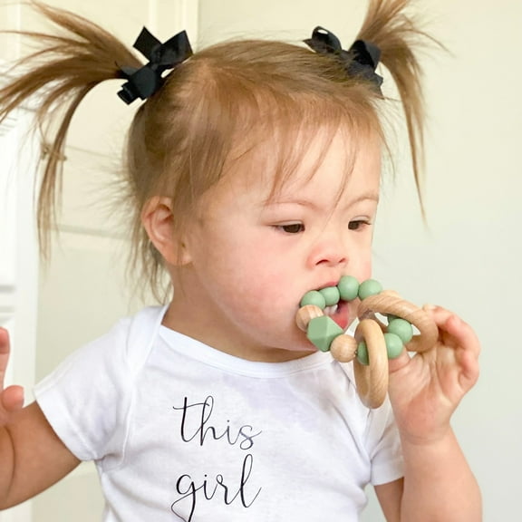 NEW! Beaded Silicone & Wood Teething Rings Color: Sage