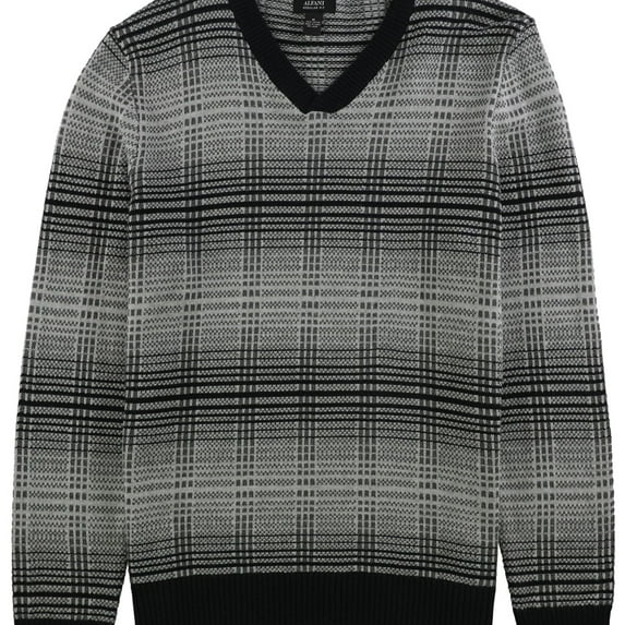 NEW Black Gray Mens Size Medium M V-Neck Plaid Ribbed Sweater