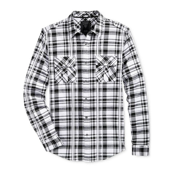 NEW Black White Mens Size Large L Button Down Plaid Print Shirt