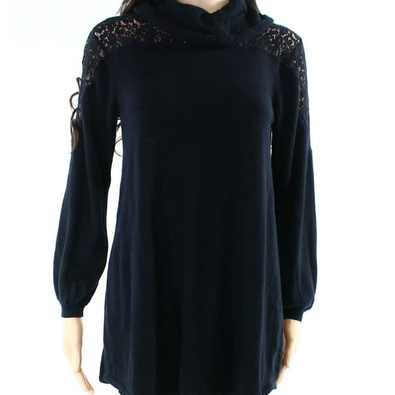 NEW Black Womens Medium PM Petite Cowl-Neck Lace Knit Top