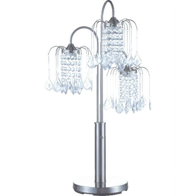 NEW Brushed Steel Base Finish & Faux Crystal Ornaments Shades 34" Table Lamp 716, 3 Bulb Included