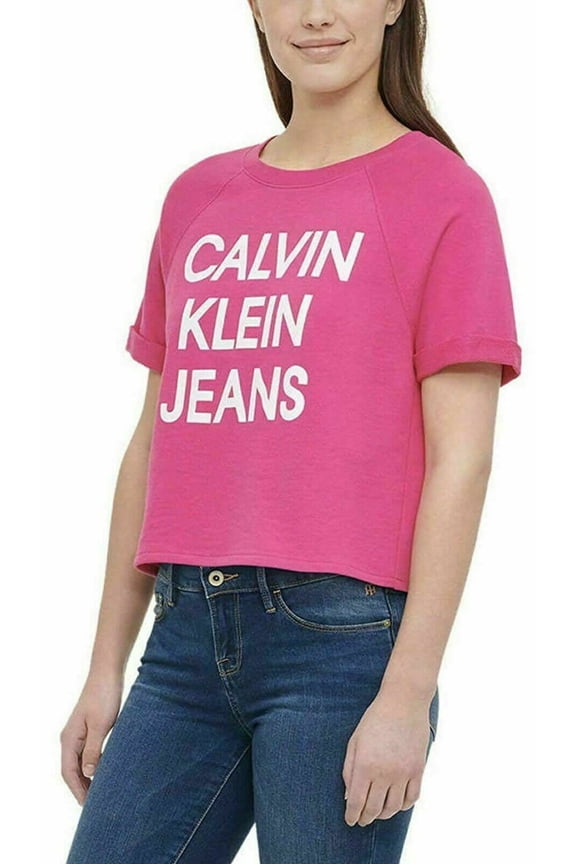NEW!!! Calvin Klein Jeans Women French Terry Logo Crop Top (Pink & XXL)