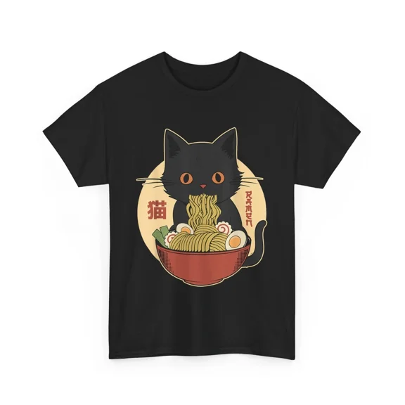 NEW Cat Ramen Funny Graphic Tees Japanese Kawaii Cat Anime T-Shirt