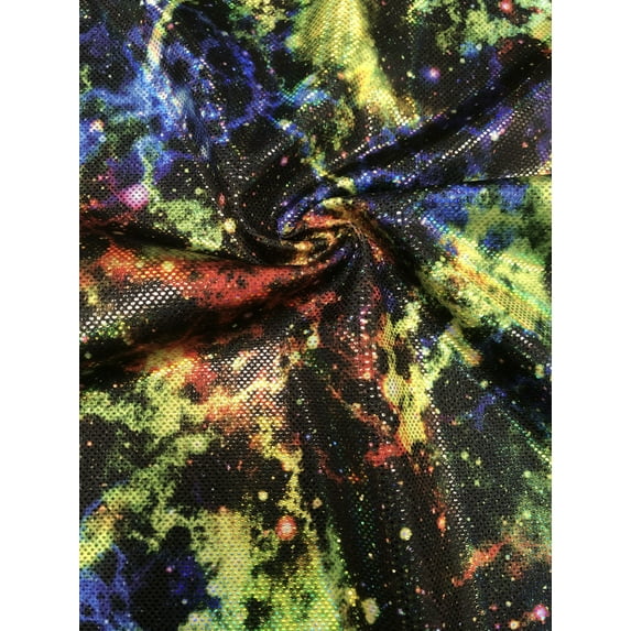 NEW!! Colorful Space Galaxy on Nylon Spandex 4 Way Stretch w/ 1 mm Shiny Trans Fabric (Green)