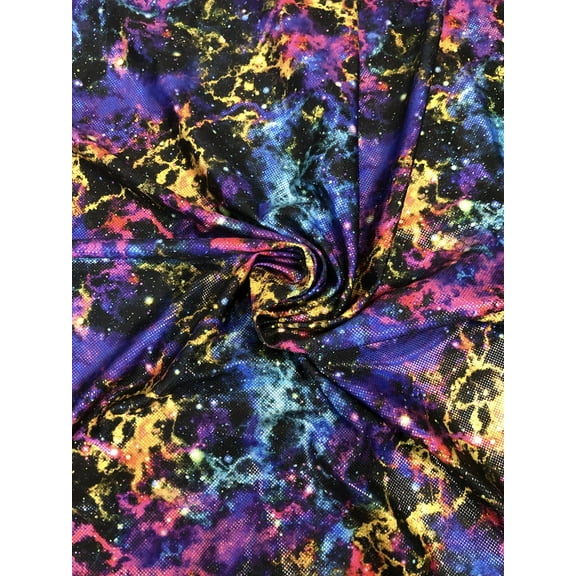 NEW!! Colorful Space Galaxy on Nylon Spandex 4 Way Stretch w/ 1 mm Shiny Trans Fabric