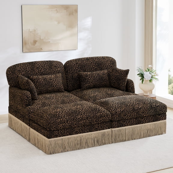 NEW Comfy Chenille Leopard Printing Loveseat Sofa,Delicate Tassel Edge,Movable Ottomans,Modern Fashion Style,Ergonomic Back and Seat Design,Deep Seat Couch for Living Room,Brown black