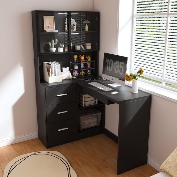 NEW Computer Desk with Glass Cabinets & Built-In LED Lights, Corner L-Shaped Office Desk with USB Charging Ports, Keyboard Tray, Ergonomic Design for Home and Corporate Workspaces(Black)
