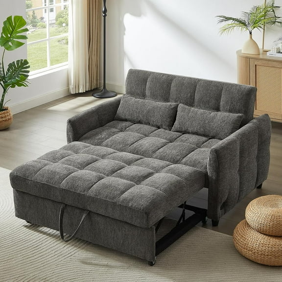 NEW Convertible Loveseat Sofa Bed with Adjustable Backrest – 52.8 Inch Grey Chenille Sofa, Three USB Ports & Tufted Design, Built-In Lumbar Pillows for Compact Living Room