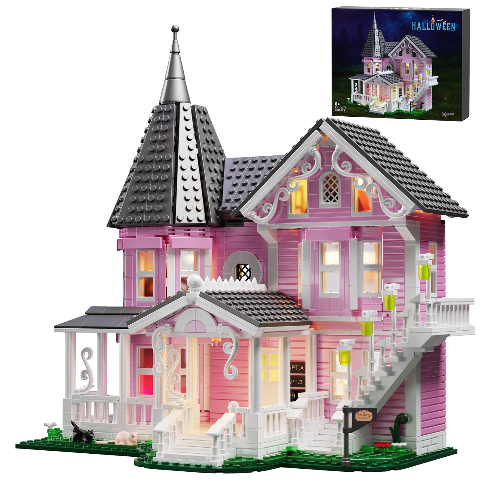 Coralineed Pink Palace Apartment Building Block Set Halloween House Toys Children Christmas Gifts
