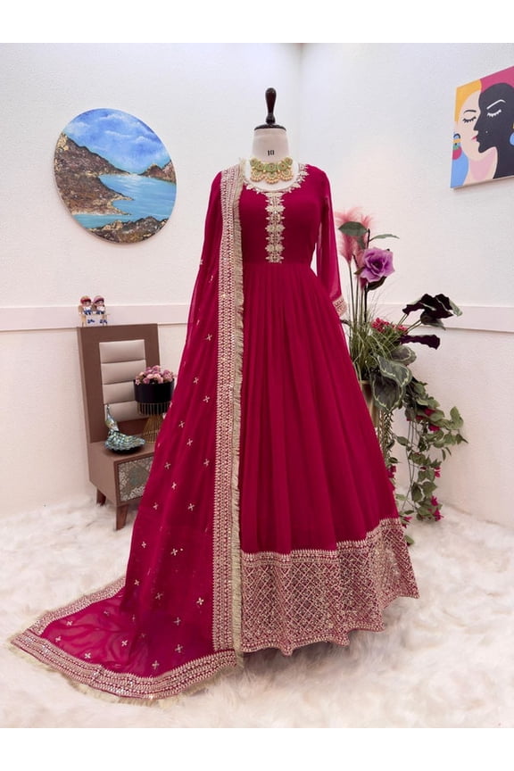 NEW DESIGNER PARTY WEAR *BOLLYWOOD* HEAVY GEORGETTE RUFFLE GOWN WITH DUPATTA