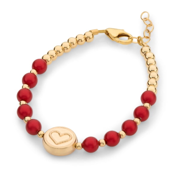 NEW! Double Sided 14kt Gold FIlled Heart Bead, With Rouge Austrian Pearls, Luxury Infant/Child Bracelet (B2130-R)
