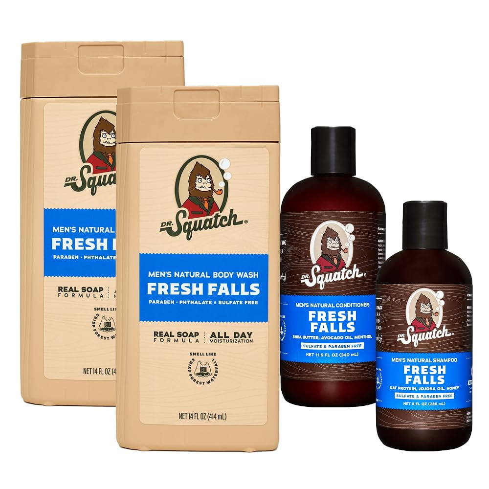 NEW Dr. Squatch Natural DPF11Body Wash and Hair Kit for Men Gift Set - Fresh Falls - Non-Exfoliating Body Wash (14 oz, 2 Pack) + Shampoo (8 oz) + Conditioner (11.5 oz)