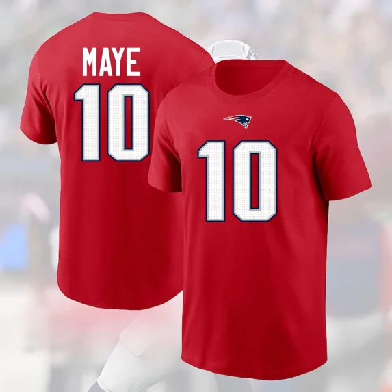 NEW! Drake Maye #10 New England Football Team 2025 Name & Number Gift For Fans T-shirt,Red Color,Size M