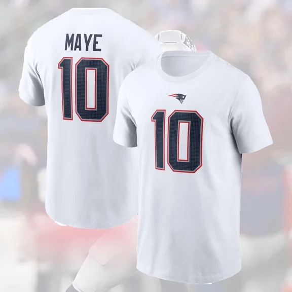 NEW! Drake Maye #10 New England Football Team 2025 Name & Number Gift For Fans T-shirt,White Color,Size L
