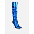 thumbnail image 1 of NEW-EXPRESSION Blue Metallic Ruched Stiletto Knee Boots, 1 of 6
