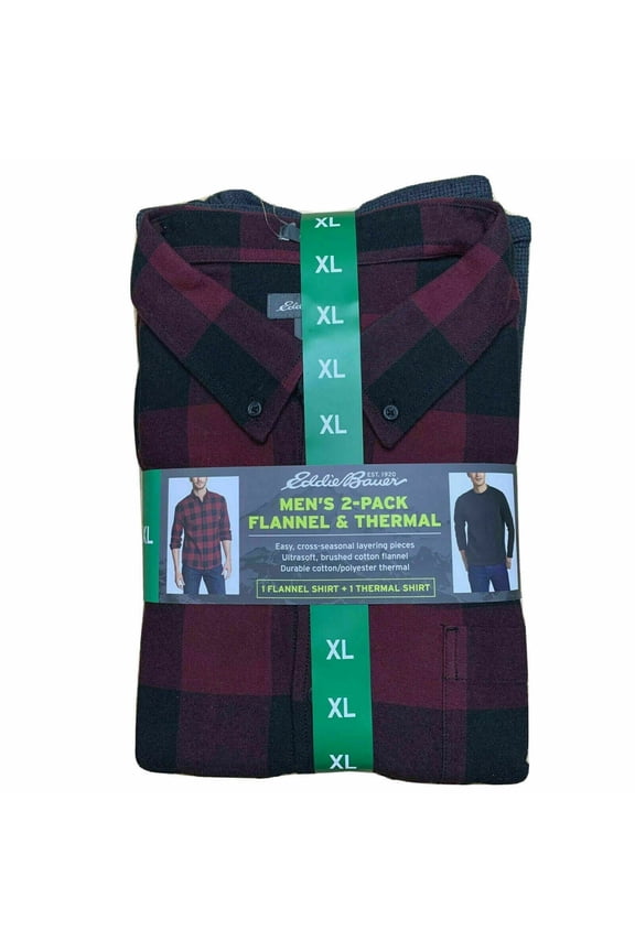NEW!!! Eddie Bauer Men's 2-Pack Layering Flannel & Thermal Shirts (Berry, XL)