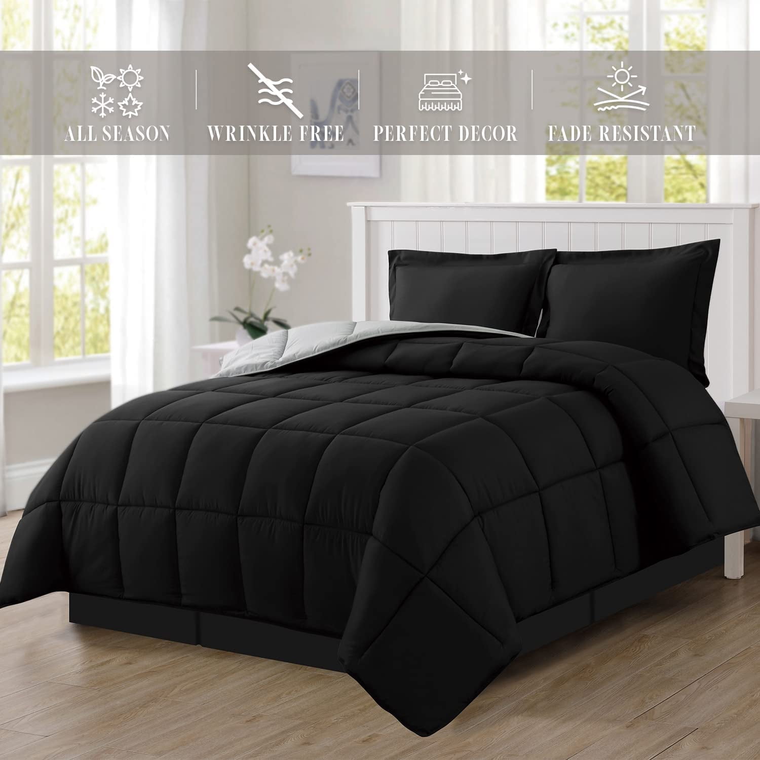 NEW - Elegant Comfort Goose Down Alternative Reversible 3pc Comforter Set- Available in Various Sizes & Colors - Full/Queen, Black/Silver