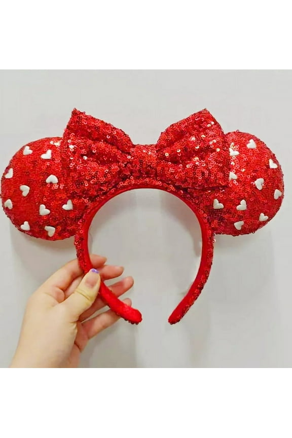 NEW Fashion Cartoon Minnie Ears Love Heart Sequin Bow Headbands Red