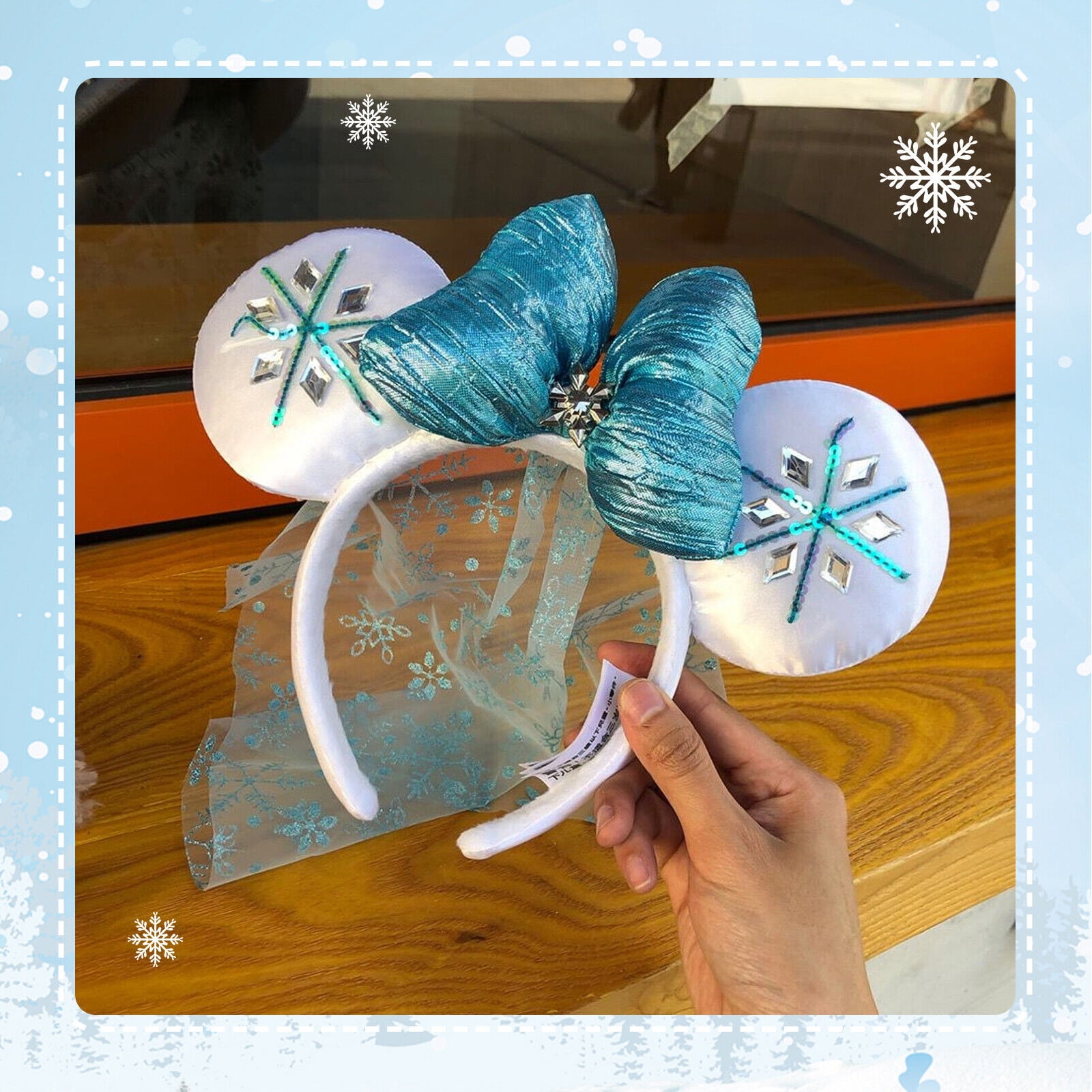 Disney Parks Frozen Elsa Blue White Snowflake Minnie Ears Bow Veil Headband Disney Parks Blue White Sparkle Elsa Minnie | Mercari main image 2